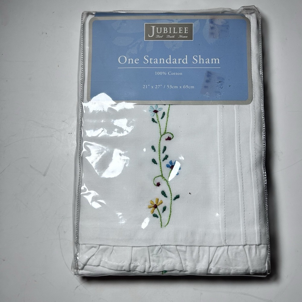 New Embroidered Floral Vine Standard Pillow Sham White Cotton By Jubilee